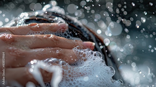 Close-up of fingers massaging shampoo into the scalp, showing detailed texture of the hair and bubbles.