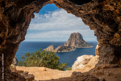 Es Vedra islet view from Es Vedra cave, Sant Josep de Sa Talaia, Ibiza, Balearic Islands, Spain