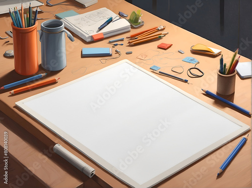 A desk with a white sheet of paper and a bunch of pencils, pens