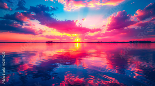 Serene Lake Sunset with Vibrant Colors and Reflections 