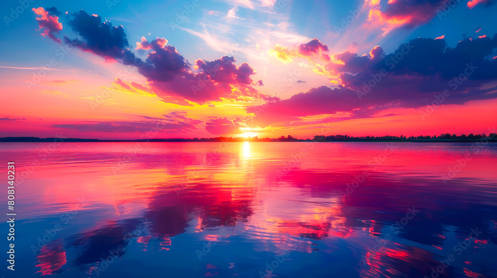 Colorful Sunset Over Peaceful Lake Waters

