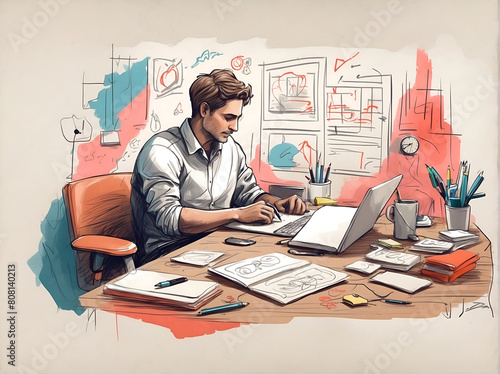 A man is sitting at a desk with a laptop and a cup of coffee