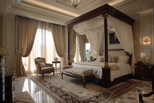The luxurious bedroom features a spacious, sitting area.