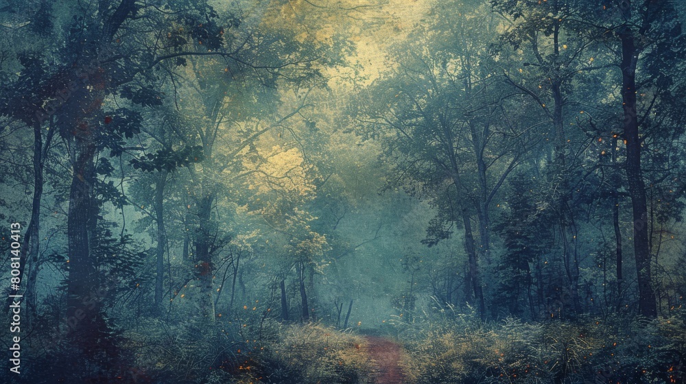 Mystical Aura, Coarse grain, Moderate contrast, Fine texture, Mystical mood, Nature composition, Soft, diffused lighting, Texture overlay post-processing, Forest scenes subject matter