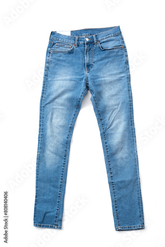 Fashionable denim blue jeans isolated on white background. Beautiful casual trousers. Stylish jeans pants on white background