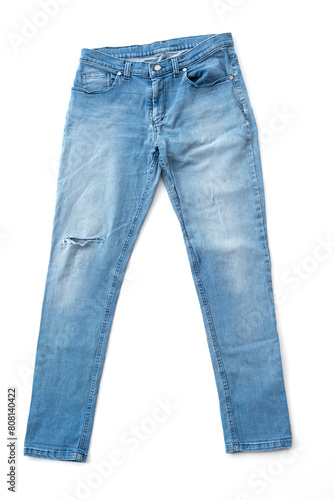 Fashionable denim blue jeans isolated on white background. Beautiful casual trousers. Stylish jeans pants on white background