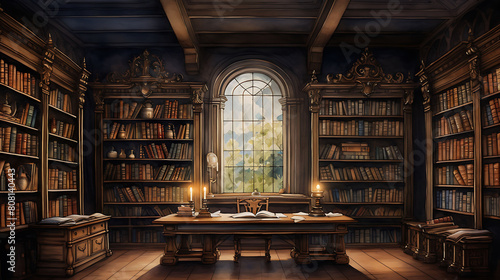 Paint a watercolor background of a quiet library filled with antique books photo