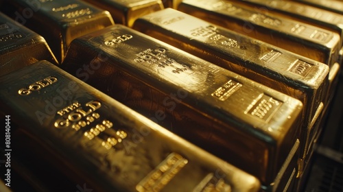 Close-up of multiple gold bars in a bank vault, highlighting the engravings and serial numbers.