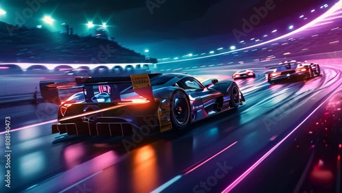 Multiple high-performance racing cars competing fiercely on a circuit, showcasing speed and skill, A thrilling night race with sport cars lighting up the track photo