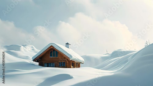 A house stands in the midst of a winter landscape, surrounded by a vast snowy field, A toasty quilted cabin settled amongst towering snowbanks photo