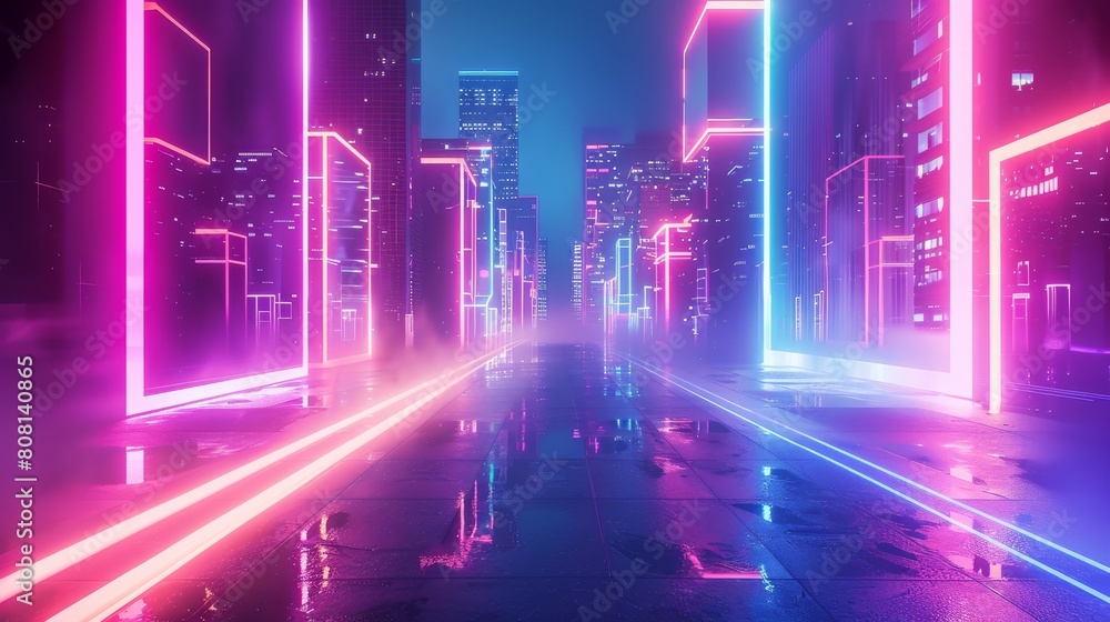 Neon City Lights, Neon geometric buildings and glowing signs, Neon pink, blue, and green, Sharp lines and neon trails, Smooth surfaces and reflective materials, Vibrant neon lights
