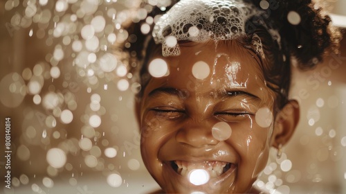 Child giggling while getting her hair washed, bubbles and water droplets visible. photo