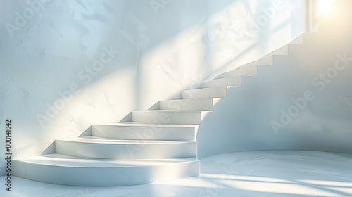 Minimalistic white room with curved staircase bathed in soft sunlight, harmony proportion geometry perspective light photo