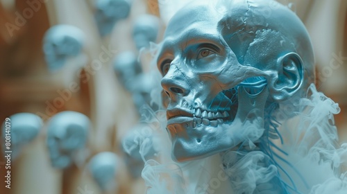 blue skull head in front of blurred background of multiple skulls, introverted solitary alone detached disconnected photo