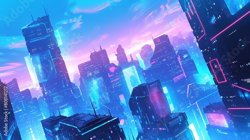A futuristic cityscape of towering skyscrapers illuminated by neon lights and holographic displays.