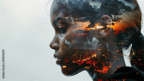 double exposure portrait of young woman with cityscape, portrait profile red reflection silhouette
