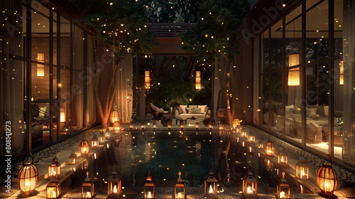 An enchanting view of a luxury villa at night, with a pool surrounded by lanterns that flicker like fireflies in the dark. The living room, visible through walls of glass, 