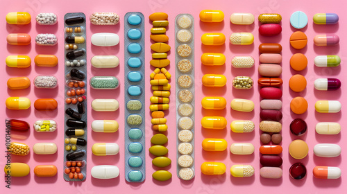 A row of pills of various colors and shapes are arranged on a pink background