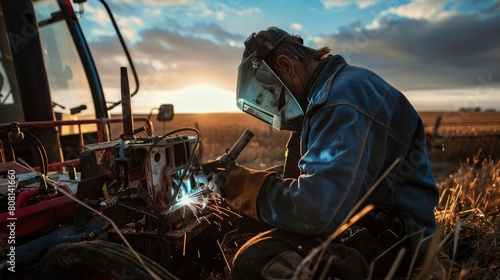 Mobile welder repairing agricultural machinery in the field, focusing on technique and tools. photo
