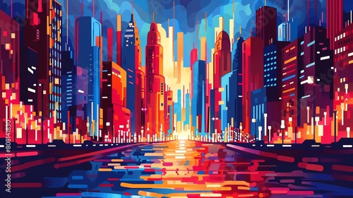 Create a modern abstract cityscape painting using bright bold colors. The painting should be full of energy and movement. It should capture the feeling of being in a big city. photo