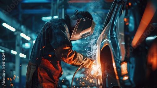 Professional welder using MIG techniques on a vehicle frame in a modern automotive workshop.