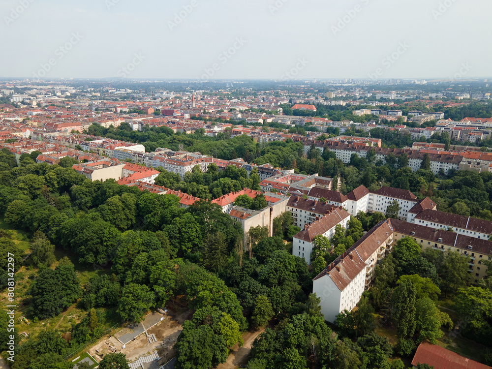 Aerial landscape of Schillerkiez neighborhood from Tempelhofer Feld airport in Central Berlin