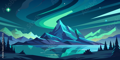 Starry Night Over Tranquil Mountain Lake Vector Illustration - various shades of blue and green