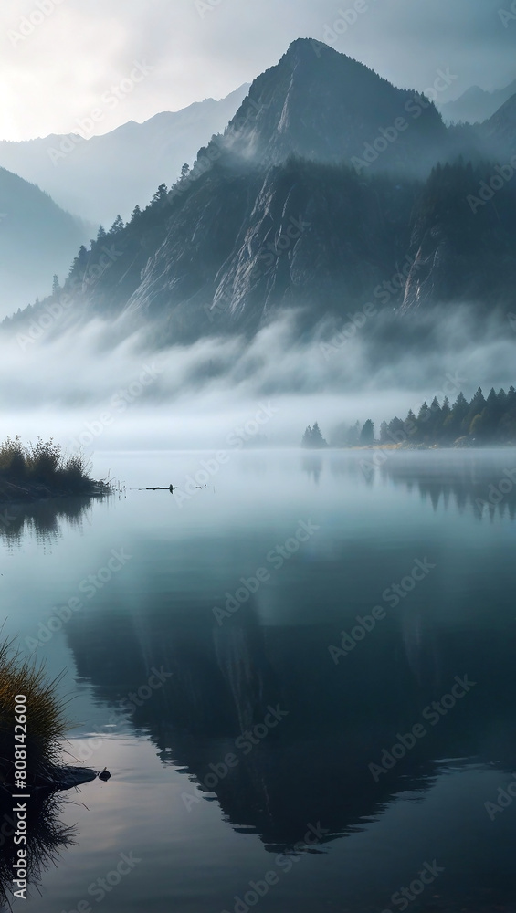 Morning fog over a beautiful lake surrounded by mountain
