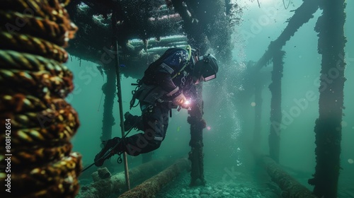 Structural welder performing underwater welding to repair a damaged pier, surrounded by water and equipment.