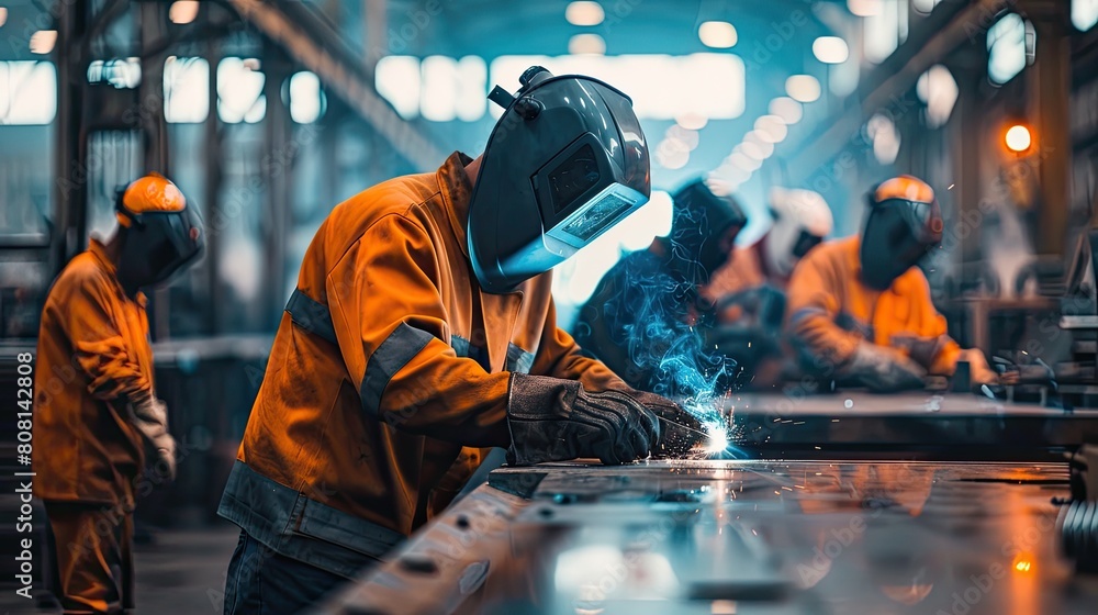 Team of structural welders assembling the steel skeleton of an industrial building. Team of structural welders assembling the steel skeleton of an industrial building.