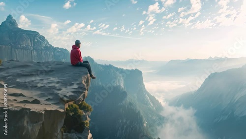 A man sitting on top of a cliff and observing the expansive view of a valley below, A climber resting on a precipice, looking out over a vast, awe-inspiring landscape photo