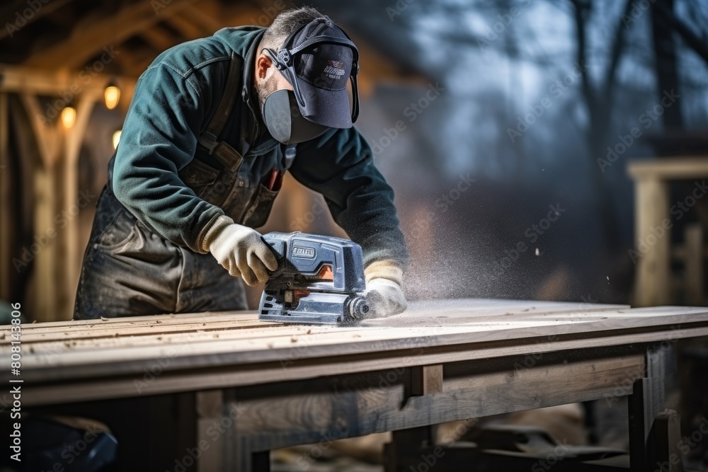 Asian carpenter crafting wood in workshop with tools professional craftsmanship concept Asian carpenter crafting wood in workshop with tools professional craftsmanship concept