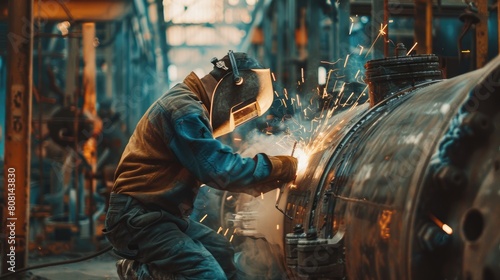 Welder at work in an industrial plant, using multi-process welding techniques on a pressure vessel.