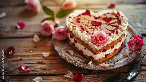 Heart shaped cake, fresh flower and cream roses, and heart decorate on cake on a wooden tabletop ,Sweet pastries, cakes, Celebrating Valentine's Day, Mother's Day, International Women's Day