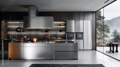 minimalist kitchen design, modern and minimalist kitchen featuring stainless steel appliances and monochrome color palette showcases sleek interior design photo