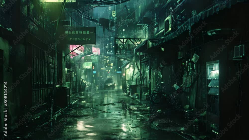 A photo of a dimly lit alleyway with a vibrant neon sign casting an ...
