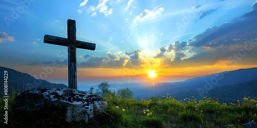 Symbolism of a religious cross at sunset representing faith in God and Christian beliefs. Concept Christian Faith, Sunset Symbolism, Religious Cross, Spiritual Beliefs, Symbolic Imagery