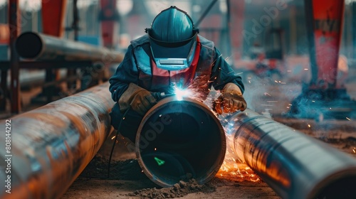 An apprentice welding large pipes in an outdoor construction site, learning on-the-job skills.