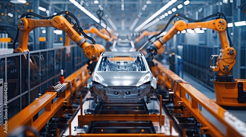 An automated production line in a car manufacturing plant, showcasing robotics technology.
