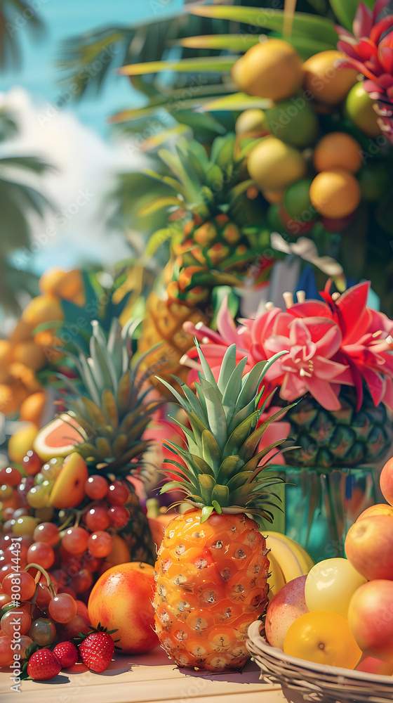 Tropical Treats: Summer Shopping Paradise - Couples or Teams Exploring Vibrant Markets and Sampling Exotic Fruits in a Lively Vacation Shopping Atmosphere