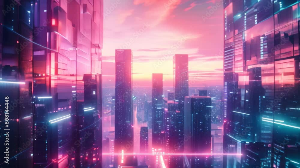 A Futuristic City With Skyscrapers and Neon Lights, A futuristic cityscape at dusk with neon lights reflecting off of glass buildings A Futuristic City With Skyscrapers and Neon Lights, A futuristic cityscape at dusk with neon lights reflecting off of glass buildings