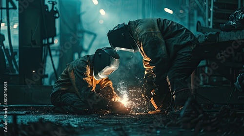 An experienced welder teaching apprentices structural welding techniques in an industrial setting. photo