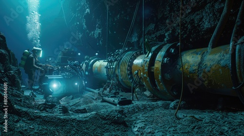 An underwater welding operation on a pipeline, showcasing the unique and harsh working conditions.