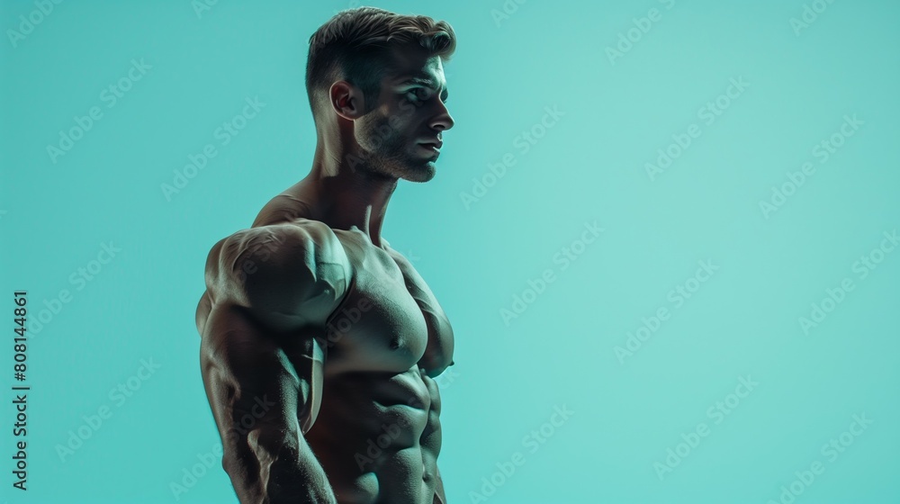 muscular bodybuilder athlete man with perfect body and naked torso posing on blue background, bodybuilding athletic male studio shot