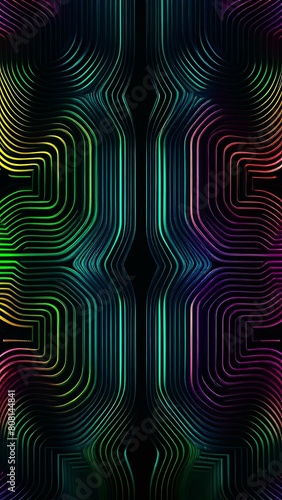  intricate neon lines arranged symmetrically against dark background. concepts: tech industry promotions, innovation, futuristic products, music album cover for electronic, pop or techno genres. photo