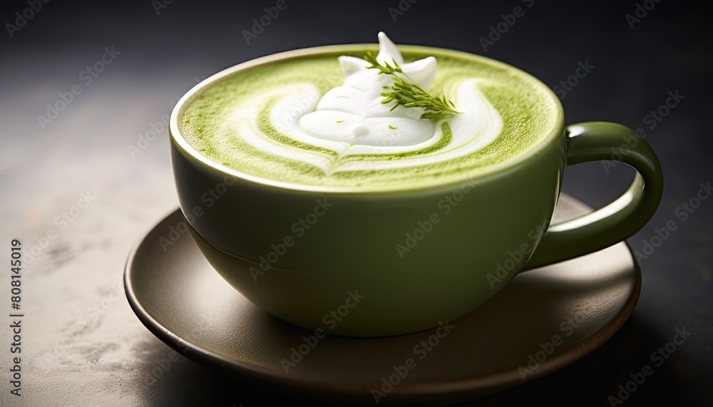 A green tea matcha latte with foam art on a saucer A green tea matcha latte with foam art on a saucer