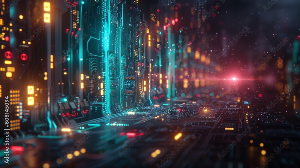 Futuristic circuit board with glowing neon lights and abstract data pathways. Represents advanced technology, computing, and innovation.