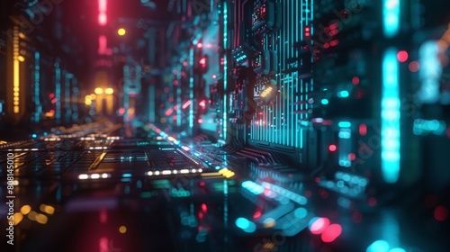 Close-up view of a futuristic server room with illuminated circuit boards and glowing lights, suggesting advanced technology or data processing. © Valeriy