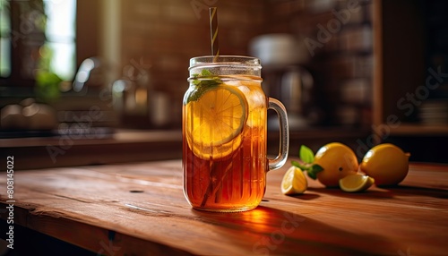 A pitcher filled with freshly brewed tea and slices of lemons placed on a wooden table photo