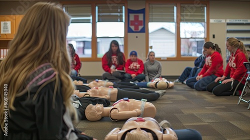 Classroom with students learning CPR on dummies, highly detailed real-world shot.
